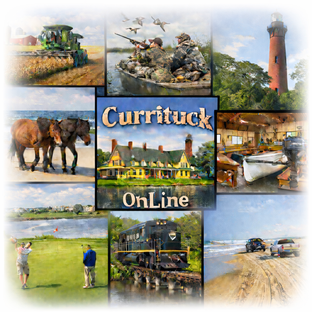 Currituck County collage: agriculture, hunting, lighthouse, Whalehead Club, boat museum, wild horses, golfing, beach driving, railroad